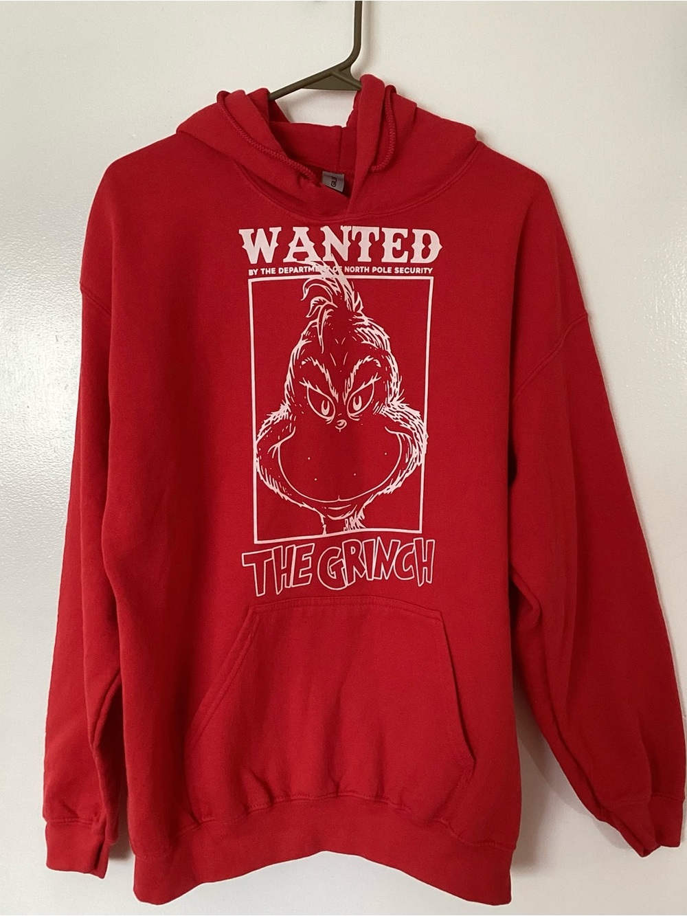 Wanted the Grinch  Red Pullover Hoodie Adult Size L